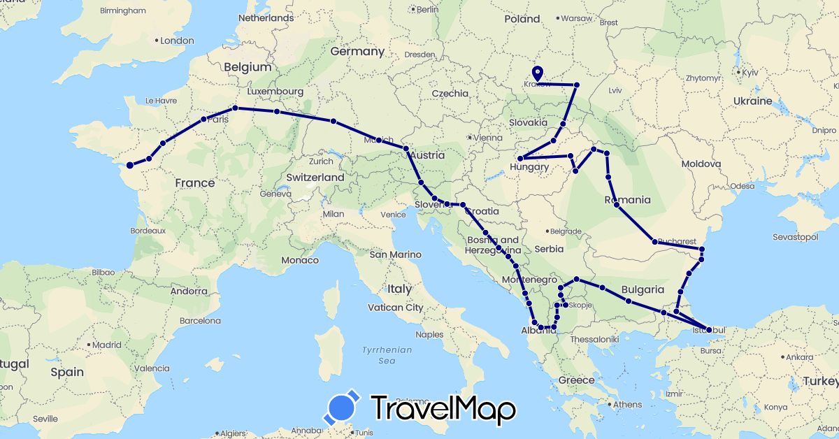 TravelMap itinerary: driving in Albania, Austria, Bosnia and Herzegovina, Bulgaria, Germany, France, Croatia, Hungary, Montenegro, Macedonia, Poland, Romania, Serbia, Slovenia, Slovakia, Turkey (Asia, Europe)