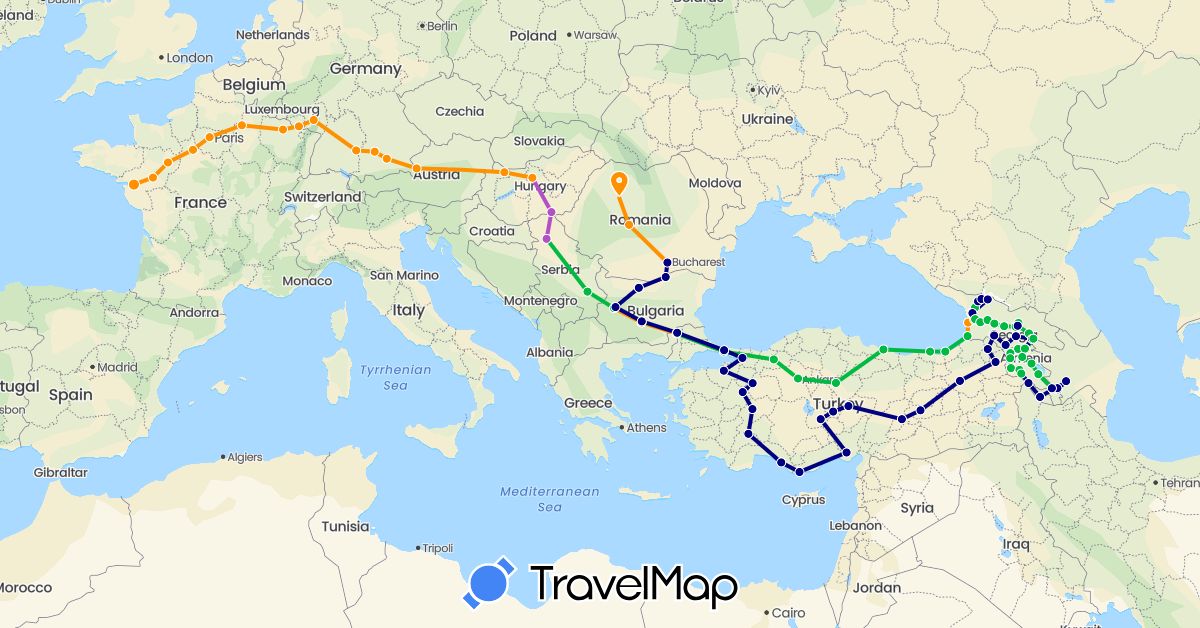 TravelMap itinerary: driving, bus, train, hitchhiking in Armenia, Austria, Azerbaijan, Bulgaria, Germany, France, Georgia, Hungary, Romania, Serbia, Turkey (Asia, Europe)